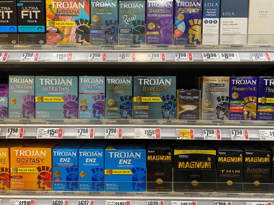 An assortment of condoms are shown at H-E-B Plus in Corpus Christi at 5313 Saratoga Boulevard Thursday, June 30, 2022.