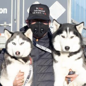 Beri with Nanook and Wolf after they’ve arrived arrive safely at JFK airport on a plane from China. (Credit: No Dogs Left Behind)