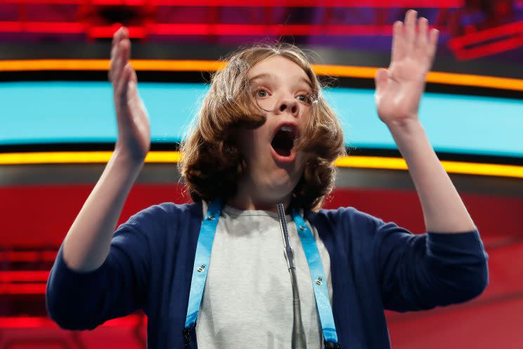 Erin Howard, 12, from Huntsville, Ala., reacts after spelling her word correctly during the 90th Scripps National Spelling Bee on June 1. (AP Photo/Alex Brandon)