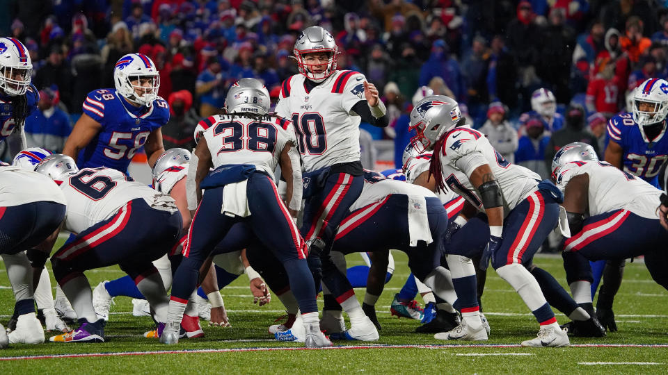 New England Patriots quarterback Mac Jones (10) is looking for a season sweep of the Bills. (Photo by Barry Chin/The Boston Globe via Getty Images)