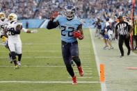 Tennessee Titans running back Derrick Henry (22) scores a touchdown on an 11-yard run against the Los Angeles Chargers in the second half of an NFL football game Sunday, Oct. 20, 2019, in Nashville, Tenn. (AP Photo/James Kenney)