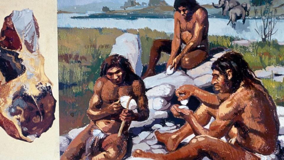 Dibujo de un grupo de neandertales