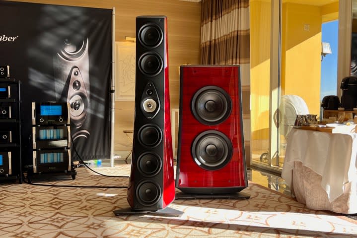 The Sonus faber Suprema tower speakers and dual subwoofers.