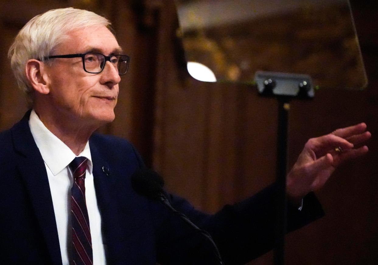 Gov. Tony Evers delivers his 2023-2025 biennial budget message in mid-February at the Wisconsin State Capitol’s Assembly Chamber.