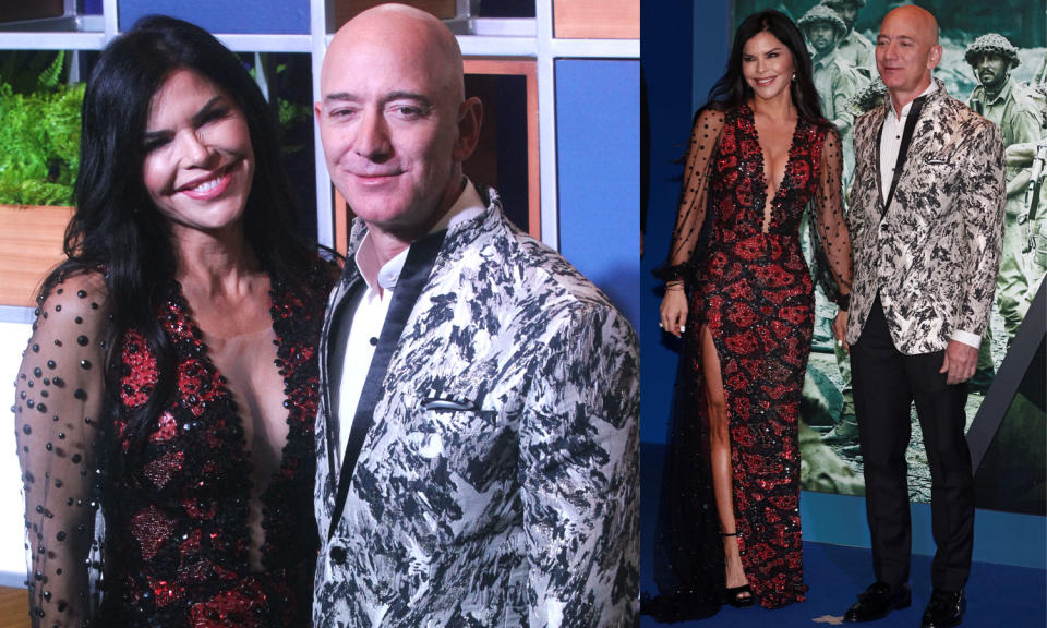 MUMBAI, INDIA - OCTOBER 16: Amazon CEO Jeff Bezos, right along with American news anchor Lauren Sanchez poses for photographs during a blue carpet event organized by Amazon Prime Video in Mumbai, India on January 16, 2020. 
