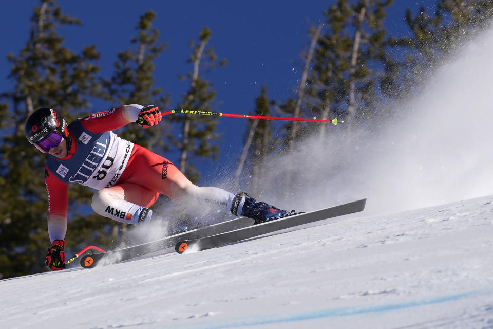 Switzerland's Gino Caviezel races during a men's World Cup downhill training run Thursday, Dec. 1, 2022, in Beaver Creek, Colo. (AP Photo/Robert F. Bukaty)