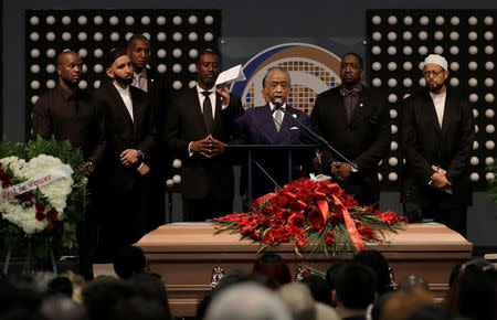 Rev. Al Sharpton (C), speaks during the funeral services for police shooting victim, Stephon Clark at Bayside Of South Sacramento Church in Sacramento, California, U.S., March 29, 2018. Jeff Chiu/Pool via Reuters