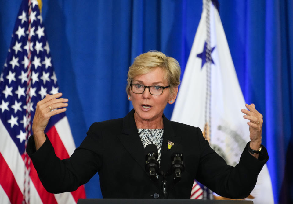 FILE - Energy Secretary Jennifer Granholm speaks at McKinstry Aug. 15, 2023, in Seattle. The Biden administration on Oct. 18 announced $3.5 billion for 58 projects across the country to strengthen electric grid resilience. (AP Photo/Lindsey Wasson, File)