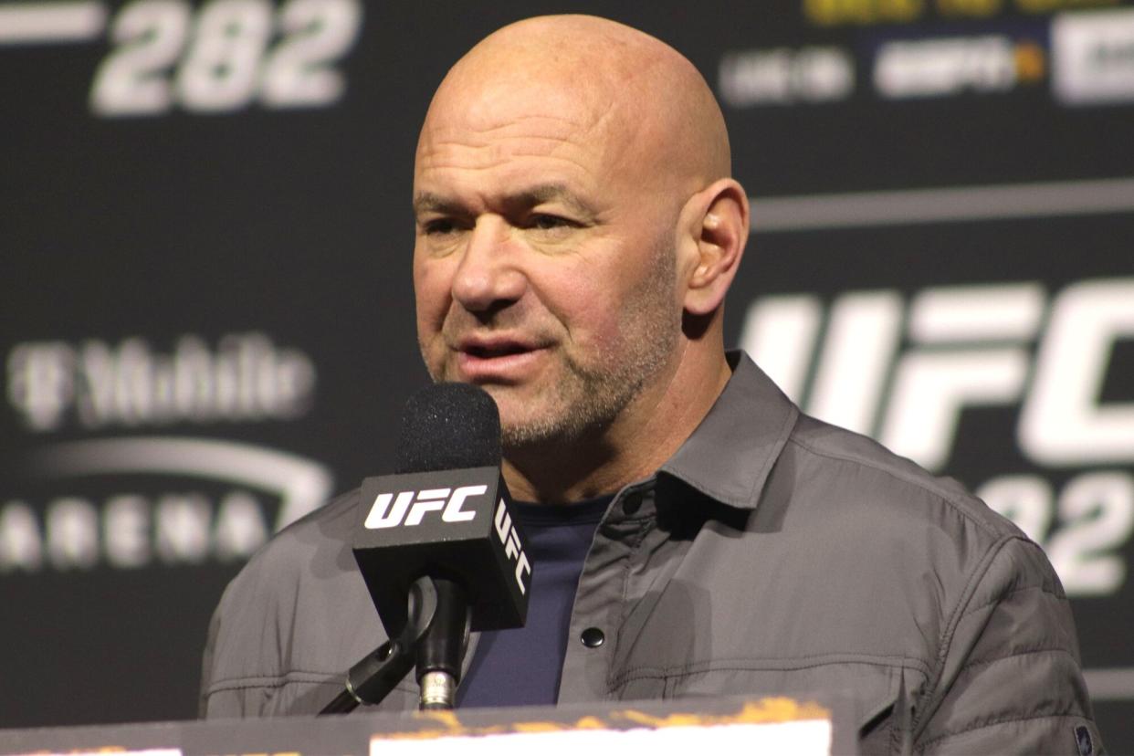 Dana White interacts with media during the UFC 282 Media Day at UFC Apex on December 8, 2022, in Las Vegas, Nevada, United States.