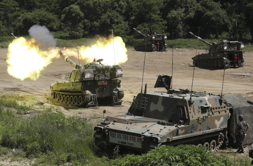 A South Korean army's K-55 self-propelled howitzer fires during a military exercise in Paju, South Korea, near the border with North Korea, Monday, June 22, 2020. South Korea on Monday urged North Korea to scrap a plan to launch propaganda leaflets across the border, after the North said it’s ready to float more than 10 million leaflets in what would be the largest such physiological campaign against its southern rival.(Yun Dong-jin/Yonhap via AP)