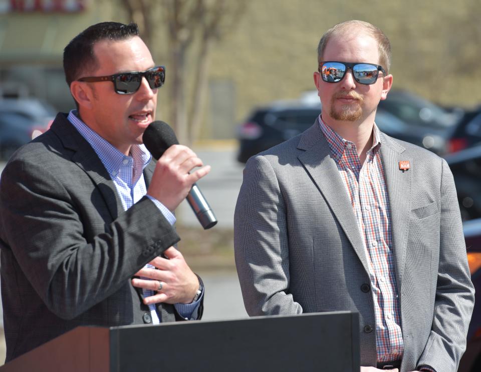 The Whataburger restaurant chain is coming to Spartanburg's east side. The restaurant held a ground breaking event in Spartanburg on March 13, 2024. Whataburger's Adam Worthley, corporate director field brand development, left, and Preston Hughes growth market leader of operations, talk an about the growth the company plans for the area.