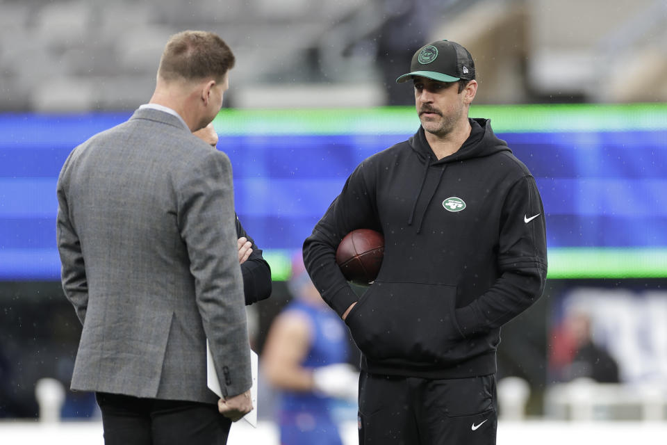 New York Jets quarterback Aaron Rodgers (8) attends practice before an NFL football game New York Giants, Sunday, Oct. 29, 2023, in East Rutherford, N.J. (AP Photo/Adam Hunger)