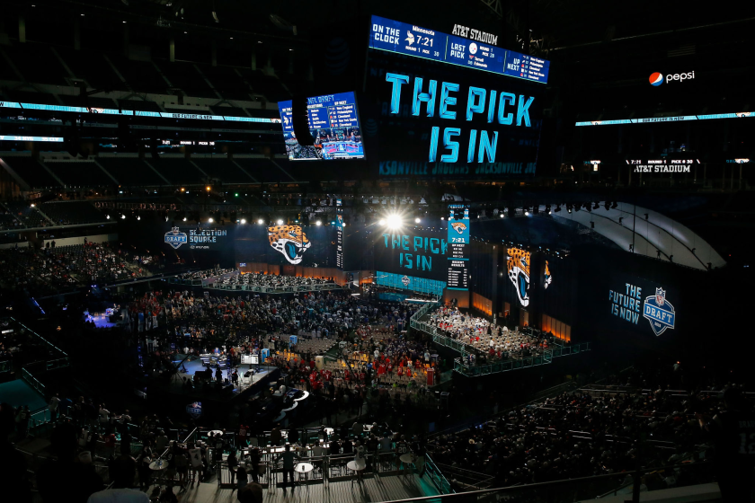 ARLINGTON, TX - APRIL 26: A video board displays the text "THE PICK IS IN" for the Jacksonville Jaguars.