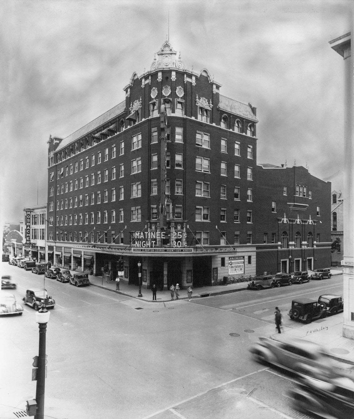 A photo of the Orpheum Theatre, likely from the 1930’s. The first neon marquee wasn’t placed above the entrance until 1940. Courtesy of the Orpheum Theatre/The Wichita Eagle