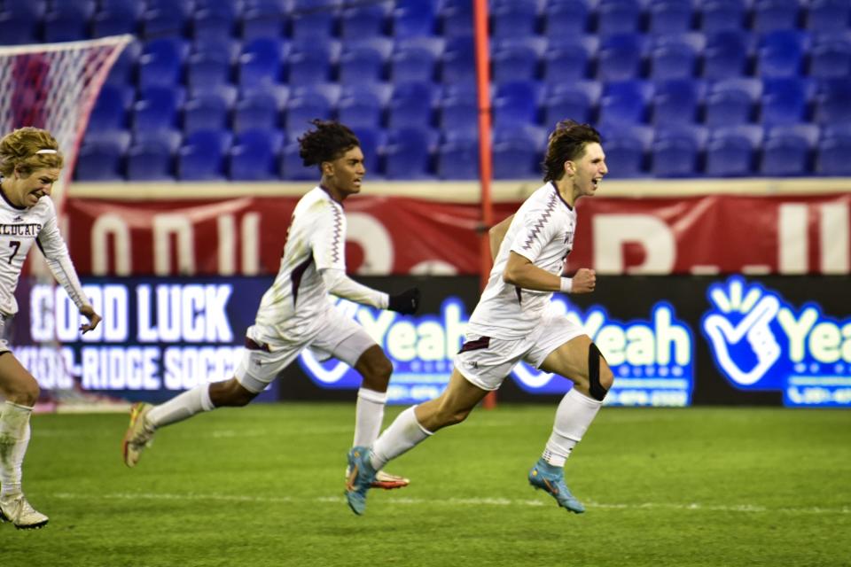 Brandon Gjekaj, #9, of Becton reacts following his winning goal against of Wood-Ridge, 2-1 in overtime during their game at Red Bull Arena in Harrison, Monday on 10/10/22.