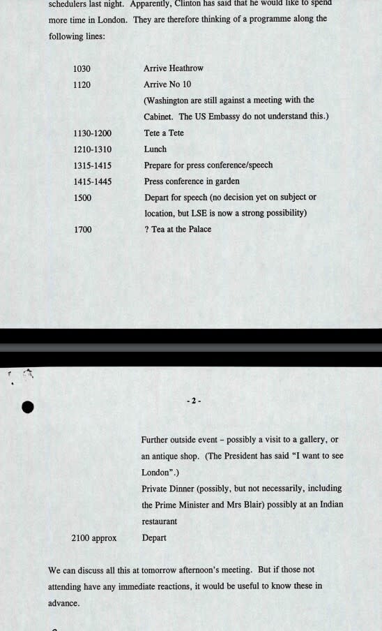 Embargoed to 0001 Tuesday July 20 Handout image issued by the National Archives of memos across Downing Street aides in May 1997 discussing the visit of US President Bill Clinton. Issue date: Tuesday July 20, 2021.