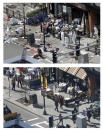 This combination of April 15, 2013 and April 10, 2014 photos show a view of Boylston Street in front of the Forum restaurant, where investigators comb for evidence at the site where the second of two bombs exploded near the finish line of the 2013 Boston Marathon, and pedestrians walking past the same spot almost a year later in Boston. (AP Photo/Elise Amendola)
