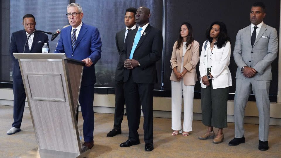 Attorney Steven Levin, second from left, speaks at a news conference in Chicago, Monday, July 24, 2023. Civil rights attorney Ben Crump and co-counsel Levin are representing a number o former student-athletes who were allegedly “subject to hazing, including physical, sexual, and emotional abuse at Northwestern University." - Nam Y. Huh/AP