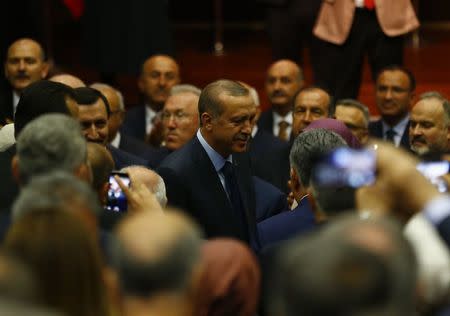 Turkish President Tayyip Erdogan arrives at the ruling AK Party's headquarters in Ankara, Turkey, May 2, 2017. REUTERS/Umit Bektas