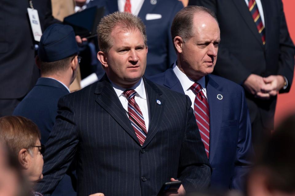 State Rep. William Lamberth and State Senator Jack Johnson arrive for the Inauguration Ceremony of Governor Bill Lee at Legislative Plaza Saturday, Jan. 21, 2023, in Nashville, Tenn.  