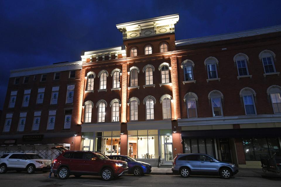 One of the entrances, on North Park Row, to the Flagship City Food Hall is lit for a VIP event, held Thursday, at the downtown Erie food court. The newly renovated space with nine food vendors was set to open to the public on Monday.