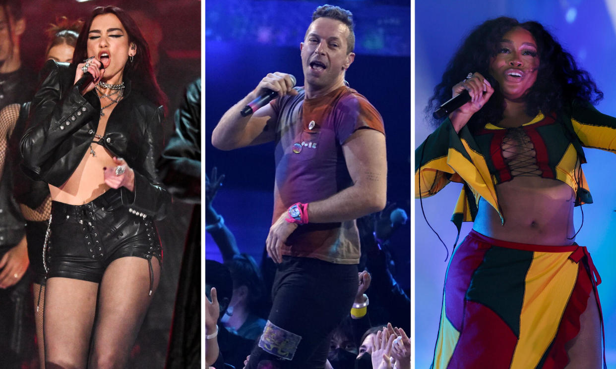 <span>Pyramid schemes … Dua Lipa, Coldplay's Chris Martin and SZA.</span><span>Composite: Getty, Invision</span>