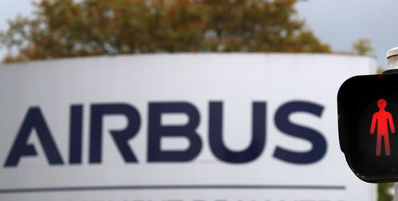 FILE PHOTO: The logo of Airbus is pictured at the entrance of the Airbus facility in Bouguenais