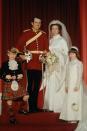 <p>On her wedding day with husband Mark Phillips, younger brother Prince Edward, and cousin Lady Sarah Armstrong-Jones.</p>