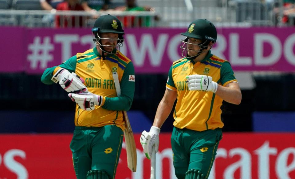 South Africa's David Miller and Heinrich Klaasen bat during the ICC men's Twenty20 World Cup 2024 group D cricket match between South Africa and Bangladesh at Nassau County International Cricket Stadium in East Meadow, New York on June 10, 2024.