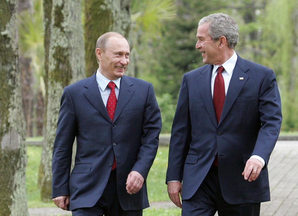 Russian President elect Dimitry Medvedev (R) and US President George W. Bush talk during a bilateral meeting at the President's summer retreat Docharov Ruchei in Sochi, Russia, on April 06, 2008.<span class="copyright">Artyom Korotayev-Epsilon/Getty Images</span>