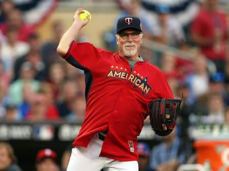 Jul 13, 2014; Minneapolis, MN, USA; Minnesota Twins former pitcher Jack Morris throws to first base during the MLB legends and celebrity softball game at Target Field. Mandatory Credit: Jerry Lai-USA TODAY Sports