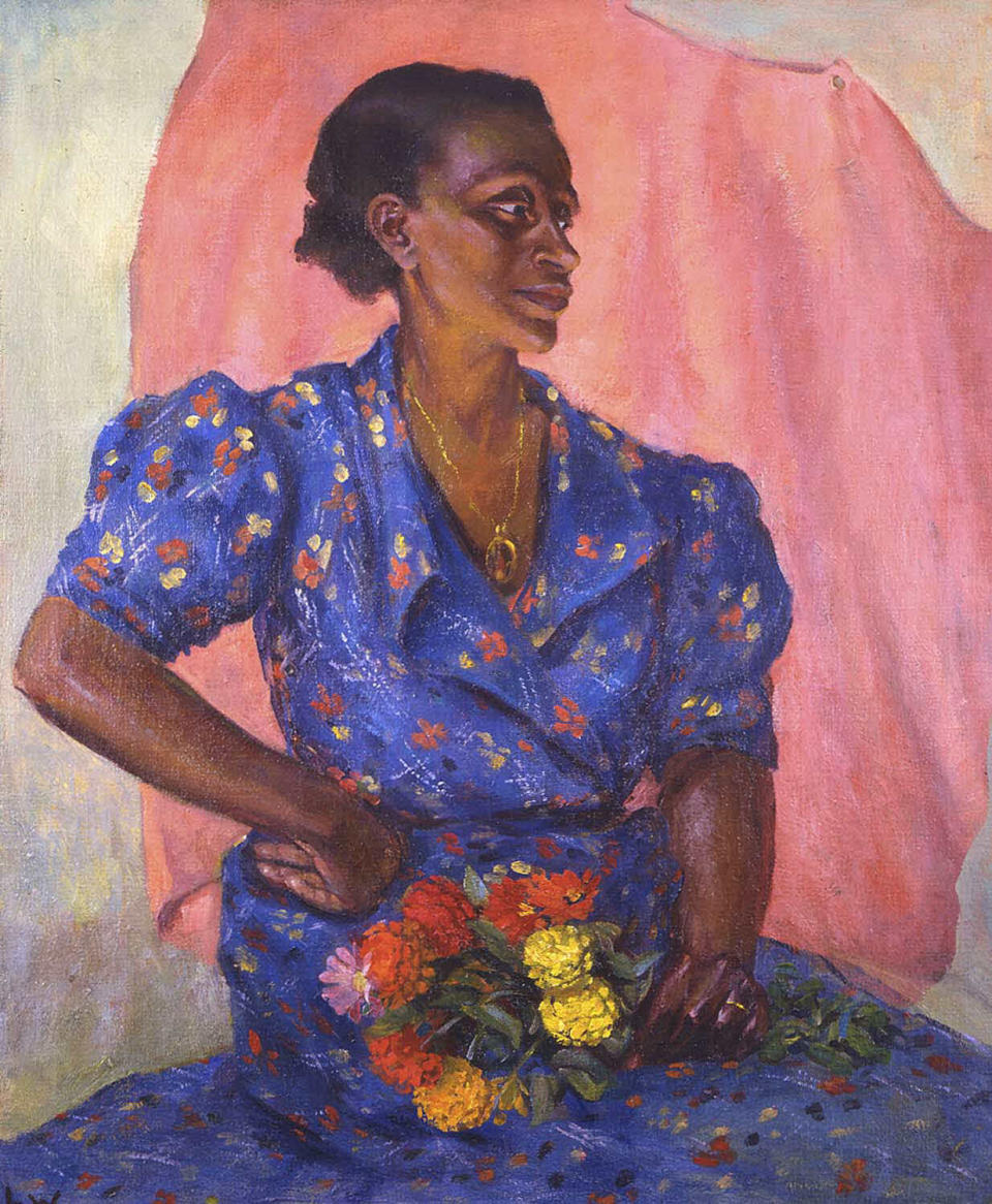 Laura Wheeler Waring’s “Woman With Bouquet” c. 1940, is among the paintings that will be displayed in the Brooklyn Museum’s reinstallation of its American Art galleries.