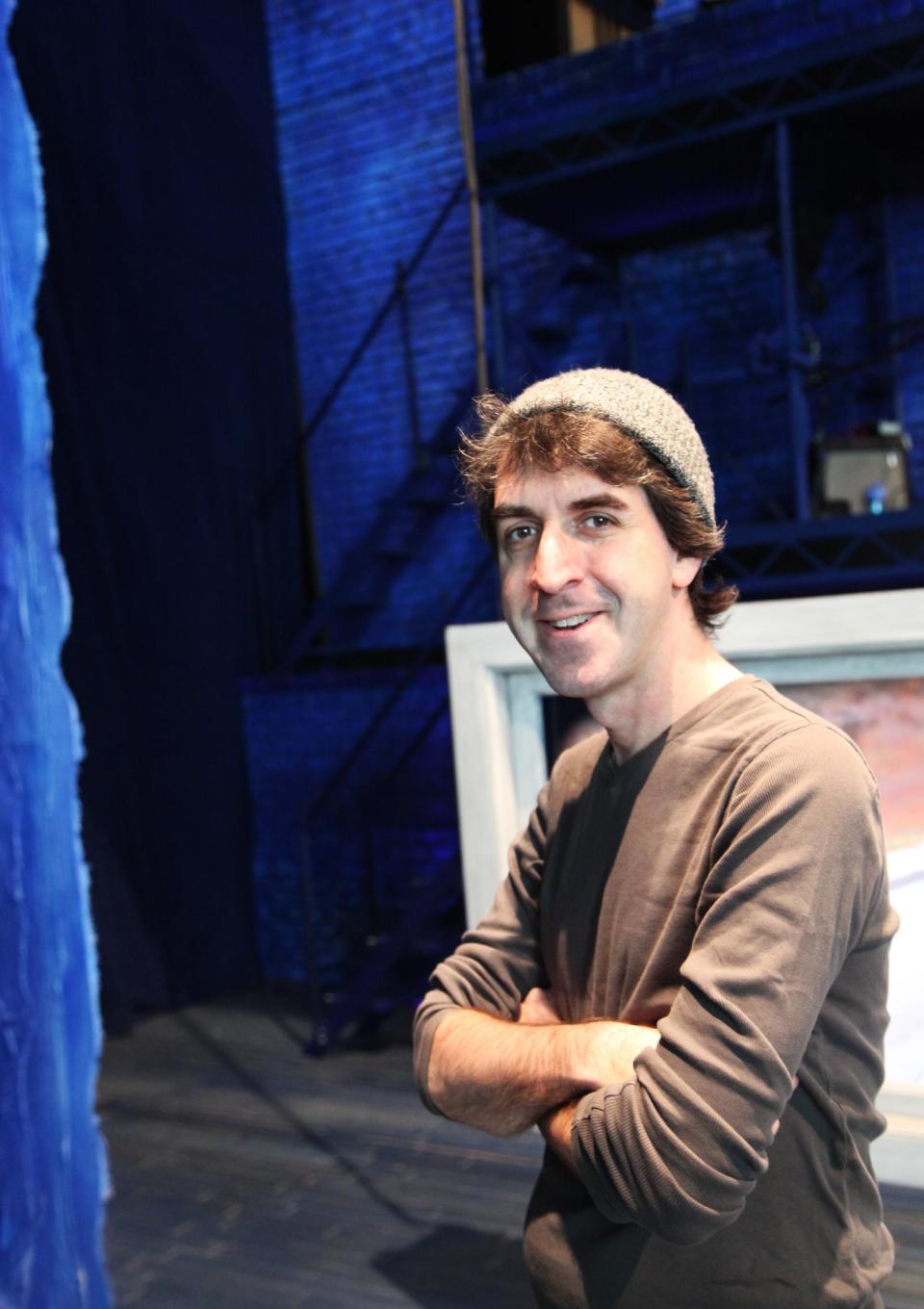 This Wednesday, March 27, 2013 photo shows songwriter Jason Robert Brown at Second Stage Theatre, where a revival of his show "The Last Five Years" is playing, in New York. The song cycle debuted in New York in 2002 and, despite a short run, has become a staple in regional theaters and colleges. (AP Photo/Mark Kennedy)