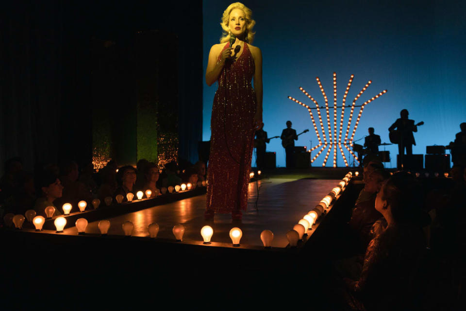 <div class="inline-image__caption"><p>Jessica Chastain as Tammy Wynette in <em>George & Tammy</em>, performing “We’re Gonna Hold On”. </p></div> <div class="inline-image__credit">Dana Hawley/Courtesy of SHOWTIME</div>