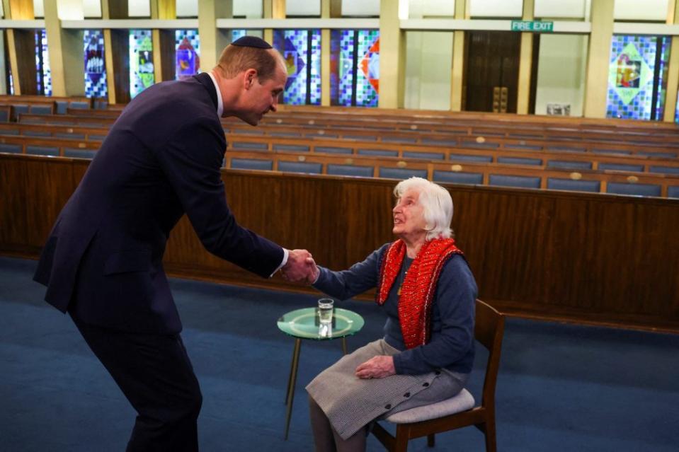 William, who wore a yarmulke for his outing, said antisemitism “has no place in our society” as he met Holocaust survivors Renee Salt and Manfred Goldberg. POOL/AFP via Getty Images