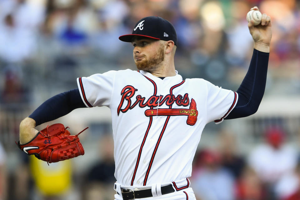 Atlanta Braves' pitcher Sean Newcomb pitches against the Philadelphia Phillies during the first inning of a baseball game Saturday, June 15, 2019, in Atlanta. (AP Photo/John Amis)