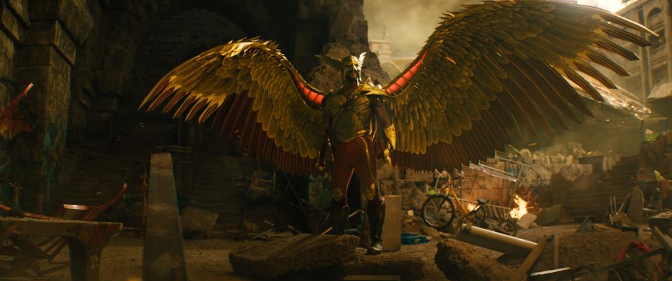 With signature helmet, wings and armor, Aldis Hodge strikes a formidable figure as Hawkman in "Black Adam."