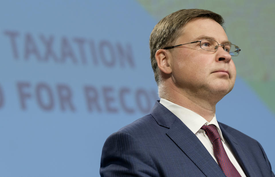 BRUSSELS, BELGIUM - JULY 15 : EU Commissioner for An Economy That Works for People - Executive Vice President Valdis Dombrovskis is talking to media during a press conference presenting the EU package to fight tax evasion, on July 15, 2020, in the Berlaymont, the EU Commission headquarters in Brussels. (Photo by Thierry Monasse/Getty Images)