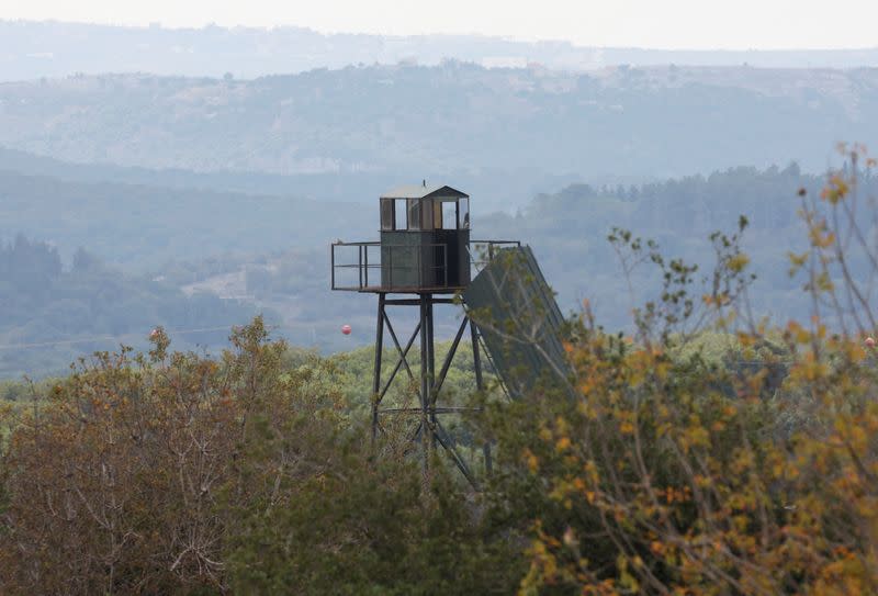 An empty observation point is pictured in the town of Marwahin, near the border with Israel, in southern Lebanon