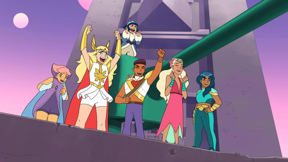 'She-Ra and the Princesses of Power' characters She-Ra, Bow, Glimmer, Frosta, Perfuma and Mermista.