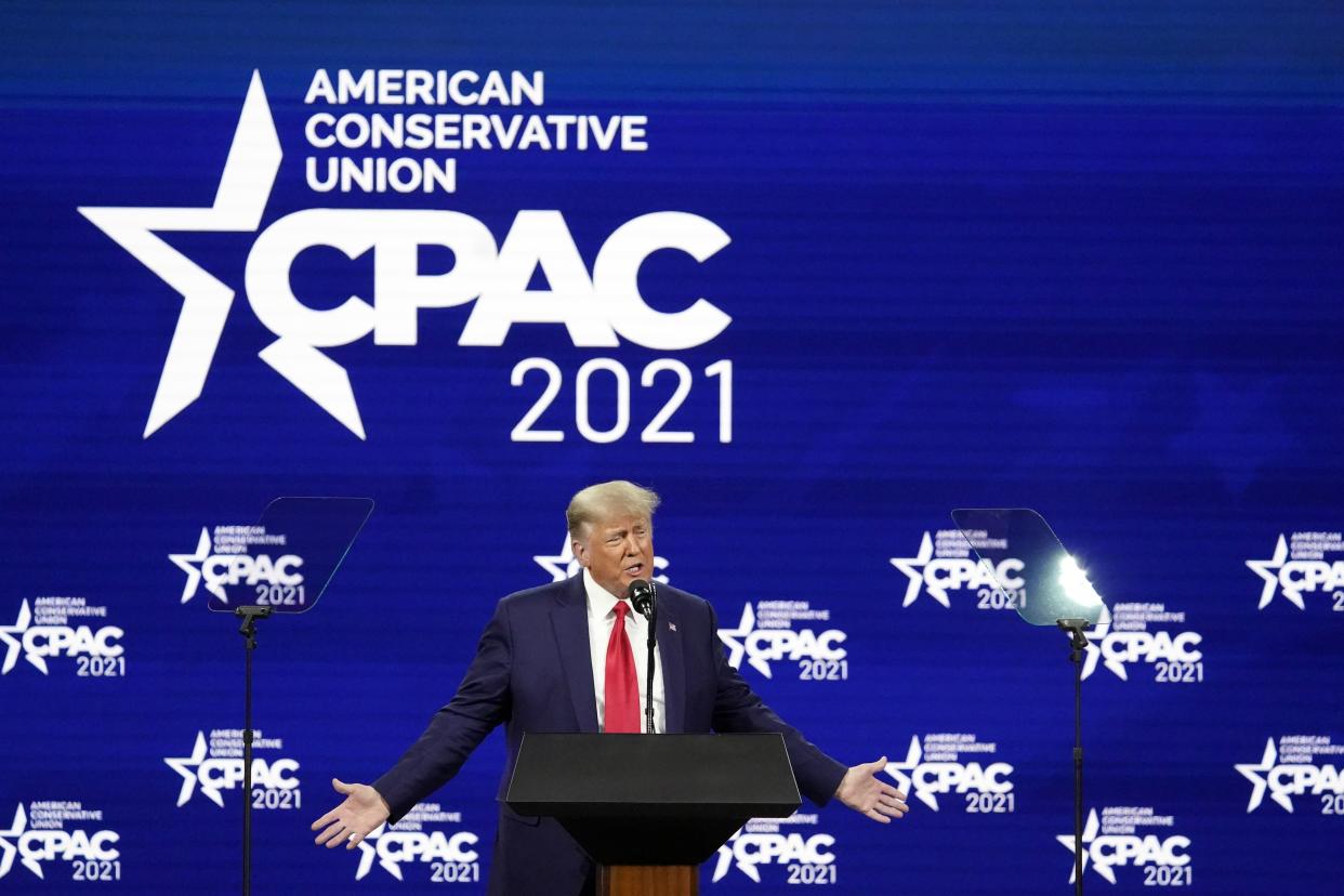 Former president Donald Trump speaks at the Conservative Political Action Conference (CPAC) Sunday, Feb. 28, in Orlando, Fla. 