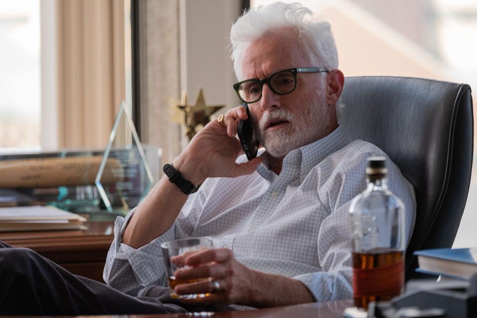 Old-school newspaper editor Frank Jaffe (John Slattery) tries to persuade retired investigative reporter Fletch (Jon Hamm) to come back for one big story in "Confess, Fletch." Slattery is seen in the editor's office of the Telegram & Gazette on the fifth floor of the Mercantile Center in Worcester.