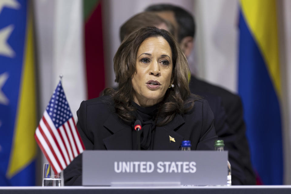 Vice President Kamala Harris of United States speaks during the opening plenary session of the Summit on Peace in Ukraine, in Stansstad, Switzerland, Saturday June 15, 2024. Switzerland is hosting scores of world leaders this weekend to try to map out the first steps toward peace in Ukraine. (Michael Buholzer/Keystone via AP)