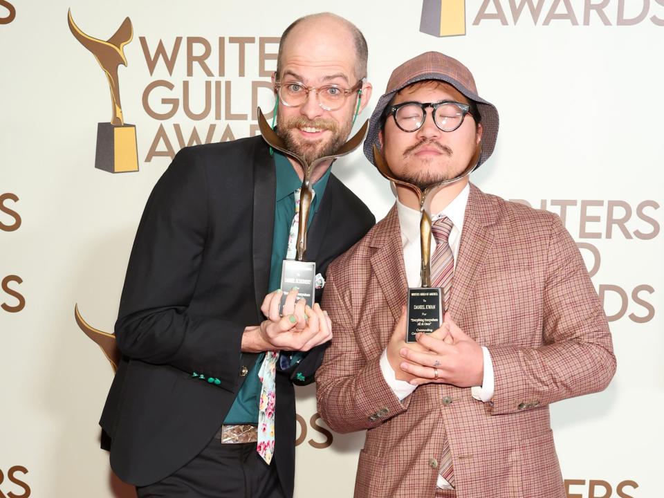 Daniel Scheinert and Daniel Kwan pose in the press room during the 2023 Writers Guild Awards West Coast Ceremony at Fairmont Century Plaza on March 05, 2023 in Los Angeles, California.