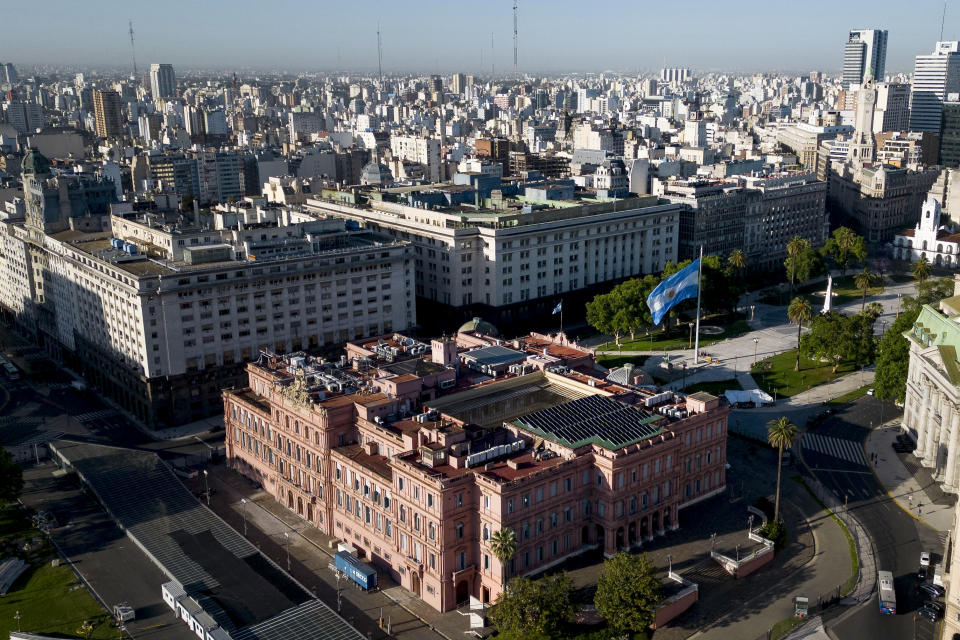 A view of Government House also known as Casa Rosada before the polling stations open during a presidential runoff election between Javier Milei and Sergio Massa in Buenos Aires, Argentina, Sunday, Nov. 19, 2023. (AP Photo/Matias Delacroix)