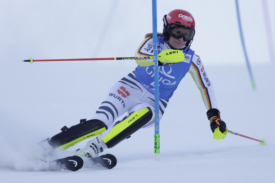 Germany's Lena Duerr speeds down the course during an alpine ski, women's World Cup slalom, in Spindleruv Mlyn, Czech Republic, Sunday, Jan. 29, 2023. (AP Photo/Giovanni Maria Pizzato)