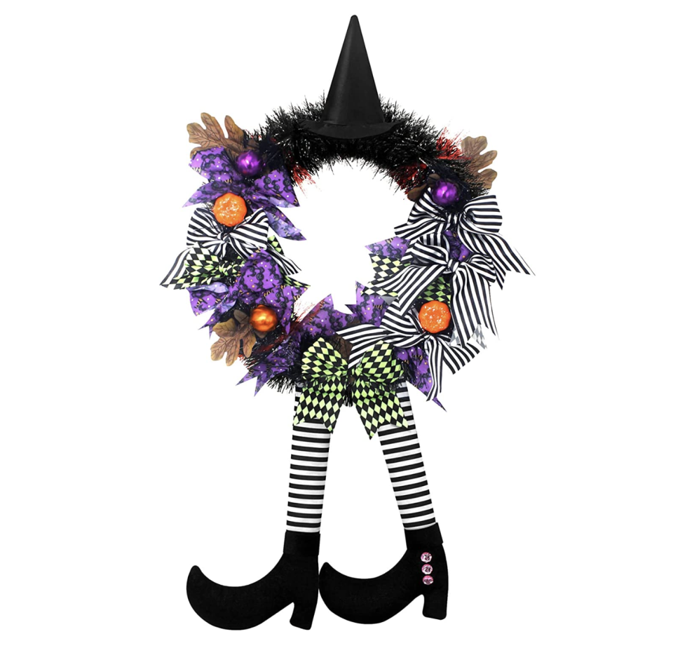 Halloween Front Door Decoration Witch Hat Legs Wreath Wall Decro Hanging Wreaths with Pumpkin Maples Halloween Ornament