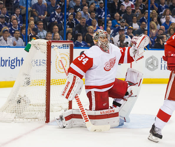 TAMPA, FL - APRIL 21: Goalie Petr Mrazek #34 of the Detroit Red Wings skates against the Tampa Bay Lightning during Game Five of the Eastern Conference First Round in the 2016 NHL Stanley Cup Playoffs at the Amalie Arena on April 21, 2016 in Tampa, Florida. (Photo by Scott Audette/NHLI via Getty Images)