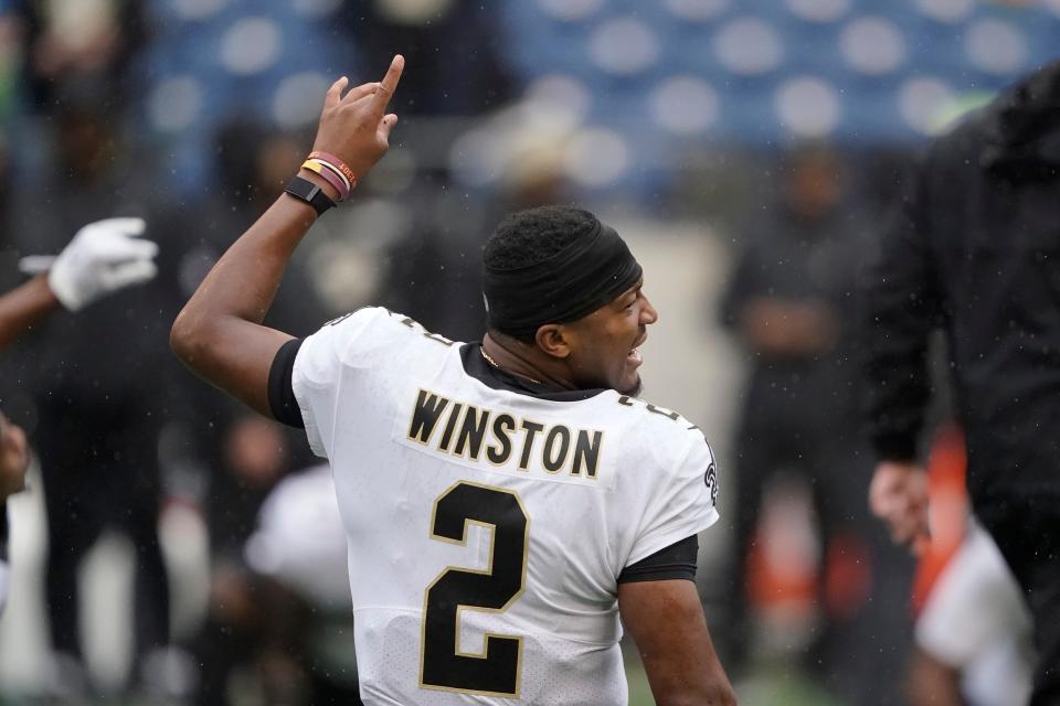 New Orleans Saints quarterback Jameis Winston motions before an NFL football game against the Seattle Seahawks, Monday, Oct. 25, 2021, in Seattle. (AP Photo/Ted S. Warren)