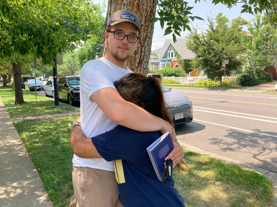 Kim Baker's daughter hugging her son goodbye before dropping him off at college for the first time. (Courtesy Kim Baker)